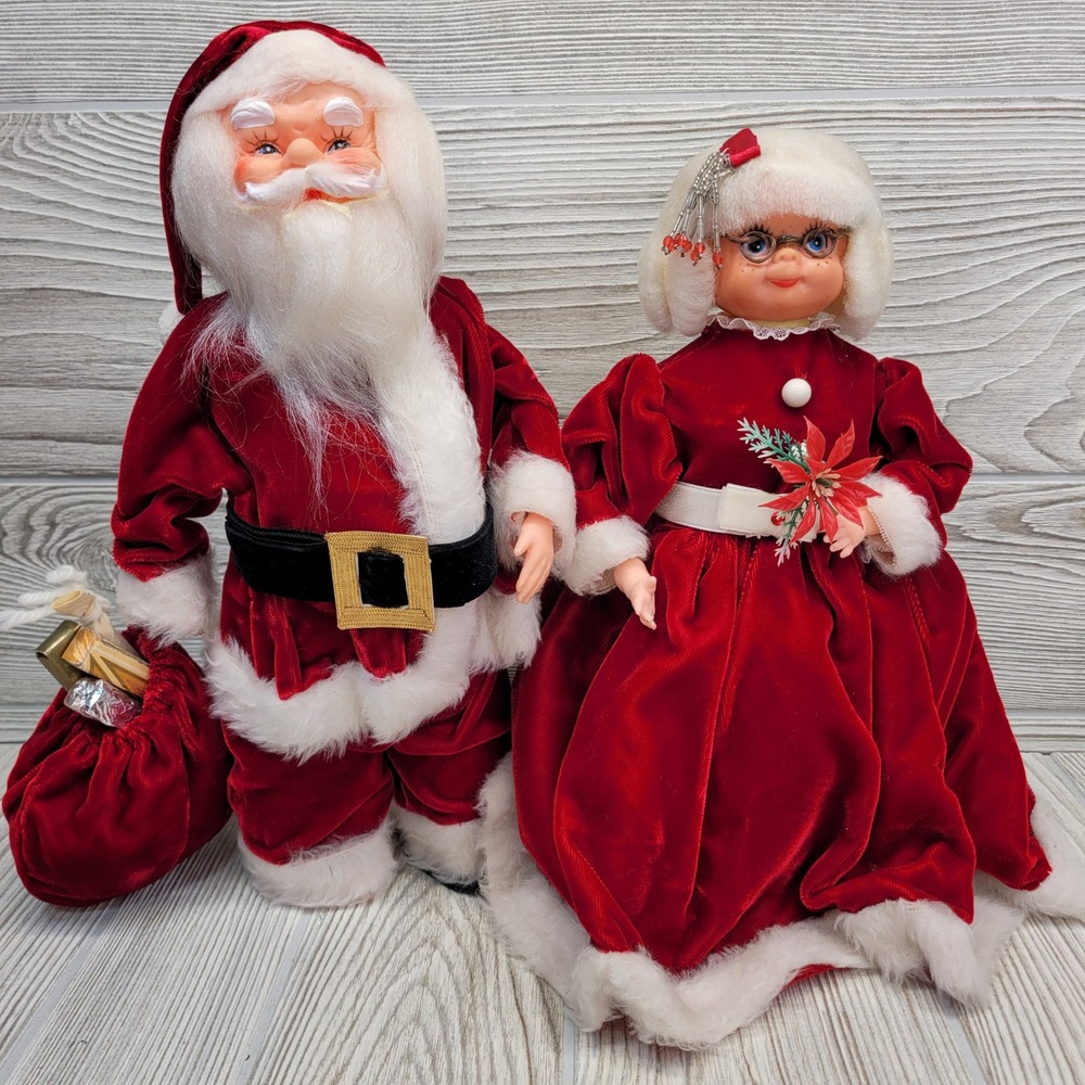 Santa Claus Mrs Claus‎ Doll Set Christmas Holiday Decor Handmade Vtg READ